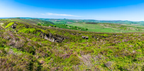 A panorama view across the hillside towards Luds Church near Gradbach, Staffordshire in summertime