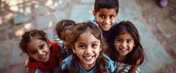 Fototapeta premium A group of children, sitting in a circle, their faces beaming with happiness