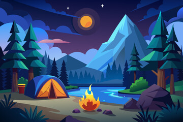 Mountain night camping. Cartoon forest landscape with lake, tent and campfire, sky with moon. Hiking adventure, nature tourism vector scene stock illustration