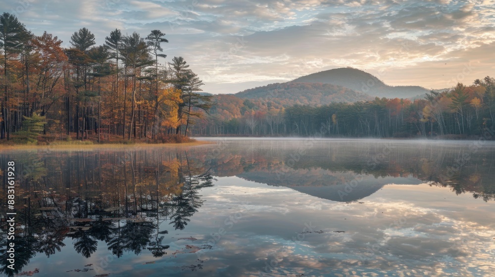 Poster a tranquil lake with reflections of surrounding trees and mountains at sunrise.