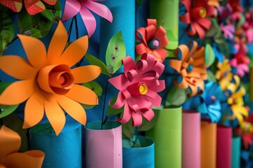 Obraz premium A close-up view of vibrant paper flowers in different colors, arranged in colorful vases on a wall