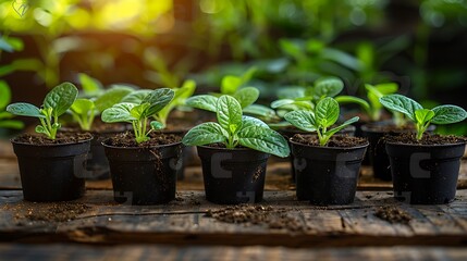 A wide-angle shot of young seedlings sprouting in small pots arranged neatly on a wooden table. The soft sunlight illuminates the vibrant green leaves and rich soil,