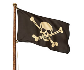  A black pirate flag with a skull and crossbones, flying on a wooden flagpole against a white background. Perfect for pirate-themed events, historical illustrations, or adventure stories.