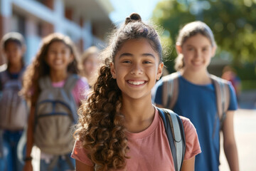 Schoolgirl with her friends on a sunny day at school