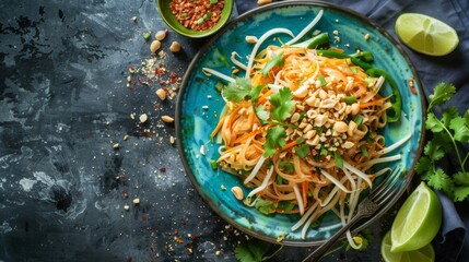 A vibrant plate of Pad Thai noodles garnished with peanuts, lime wedges, and fresh bean sprouts.