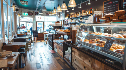 Cafe Interior with Display Case of Pastries and Coffee Shop Equipment.
