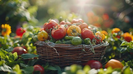 A wide-angle view of a vegetable harvest, showcasing a basket brimming with fresh, colorful vegetables. The scene is set in a vibrant garden, with sunlight filtering through,