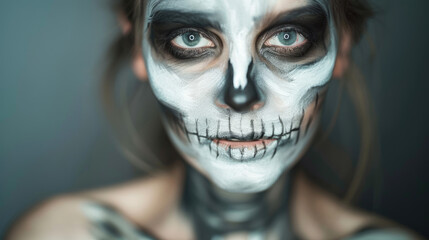 The photo shows a young woman with a skull painted on her face. She is looking at the camera with her blue eyes.