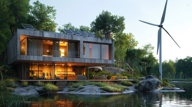 Zero-energy house with a wind turbine and solar array