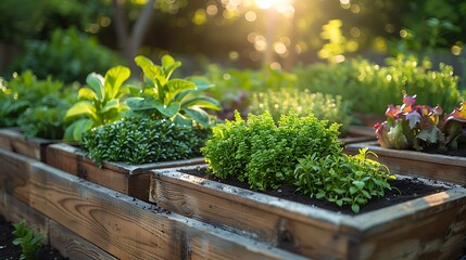 A wide-angle view of raised garden beds, showcasing a diverse array of thriving plants. The sunlight filtering through the garden creates a warm, inviting glow,