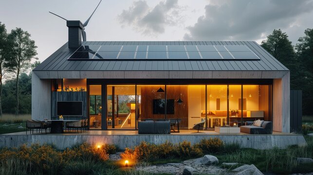 Zero-energy house with a wind turbine and solar array
