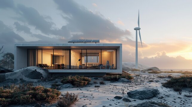 Zero-energy house with a wind turbine and solar array