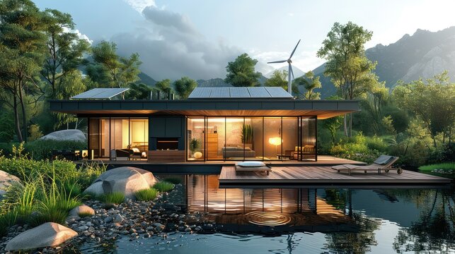 Zero-energy house with a wind turbine and solar array