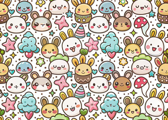 A colorful and playful seamless pattern featuring cute kawaii cartoon stars with intricate designs. Perfect for adding a touch of whimsy to any project. Generative AI