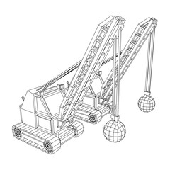 Wrecking ball excavator, demolition crane machine. Wireframe low poly mesh vector illustration