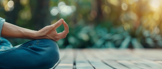 Person practicing meditation with a hand in a yoga pose, seated outdoors on a wooden platform, surrounded by greenery and soft sunlight.