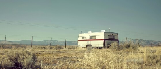 Vintage Camper Van Parked in a Desert Field With Mountains in the Distance