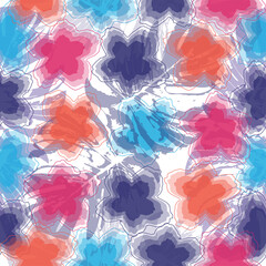 Vector illustration of watercolor textured abstract art textile flower design Flowers, lines and dots.