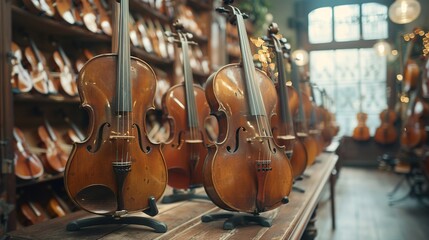 Naklejka premium Winter Muse: Cinematic Documentary Photography of Antique Musical Instruments in a Historical Museum Setting