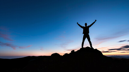 Silhouette of a man on a mountain top at sunset.