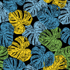 Seamless pattern with colored and contour tropical monstera leaves.   philodendron leaf, modern colorful tropics background allover print, © Natallia