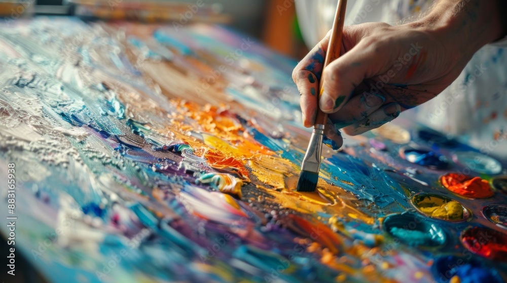 Poster an artist painting abstract patterns on a canvas, mixing acrylic paints on a palette with a palette 