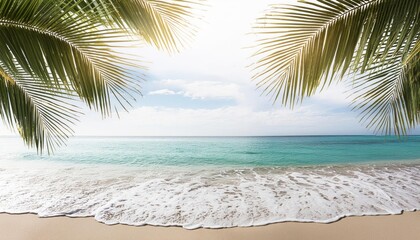 beach with palm trees. Paradise with ocean and palm leaves 