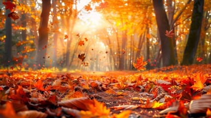 An autumn forest scene with colorful foliage and fallen leaves covering the ground.