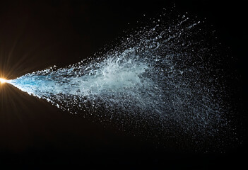 A jet of water spraying against a black background, creating a misty effect. Ideal for showcasing cleaning products, water conservation, or refreshing concepts.