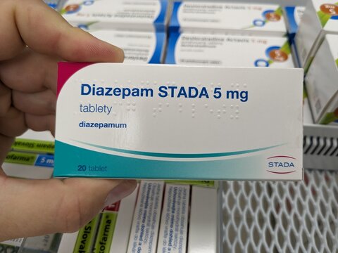 Prague, Czech Republic - July 10 2024: DIAZEPAM STADA box of medication with DIAZEPAM active substance by STADA, used for treatment of anxiety, muscle spasms, and seizures.

