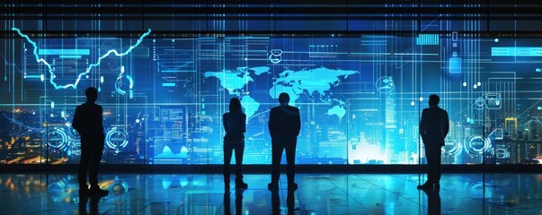 Silhouettes of business professionals standing in front of a large screen displaying global data and a world map