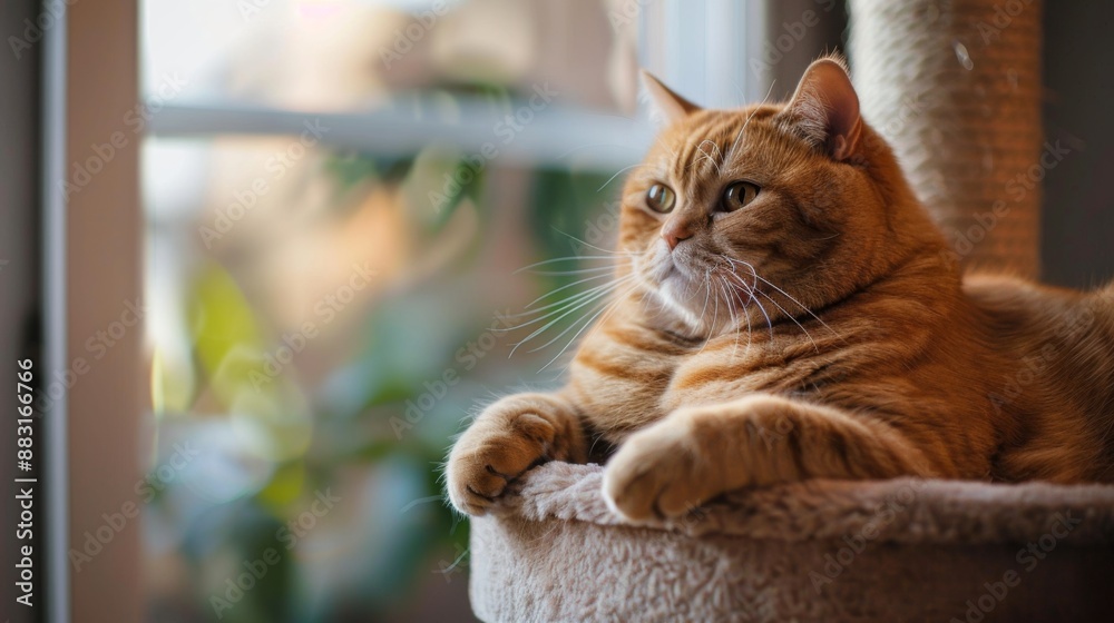 Poster an overweight cat sitting majestically on a cat tree, surveying its kingdom.