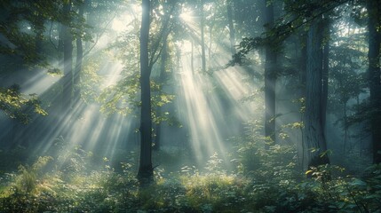 Obraz premium a misty morning in a dense forest, with sunlight filtering through the trees and creating beams of light