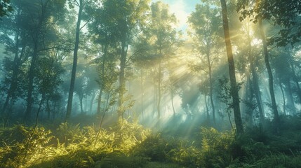 Obraz premium a misty morning in a dense forest, with sunlight filtering through the trees and creating beams of light