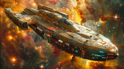 Fototapeta premium a starship in a nebula, with colorful gas clouds and distant stars