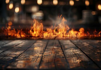 Table background with blurred fireplace. Christmas holiday with copyspace. Empty rustic wooden desk. Board template with house interior and fire