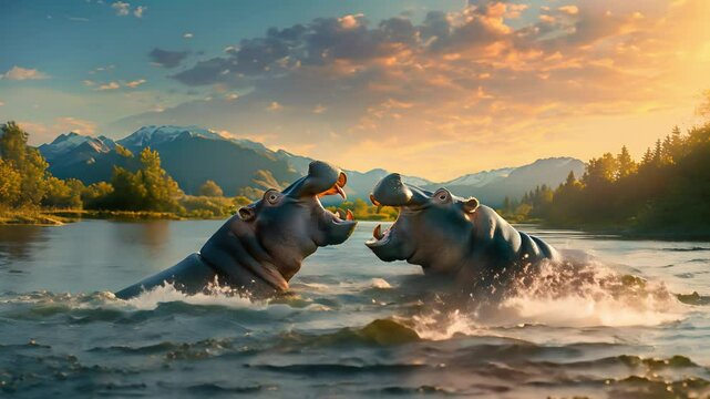 Two hippopotamuses fighting in water, Play fighting baby hippo	