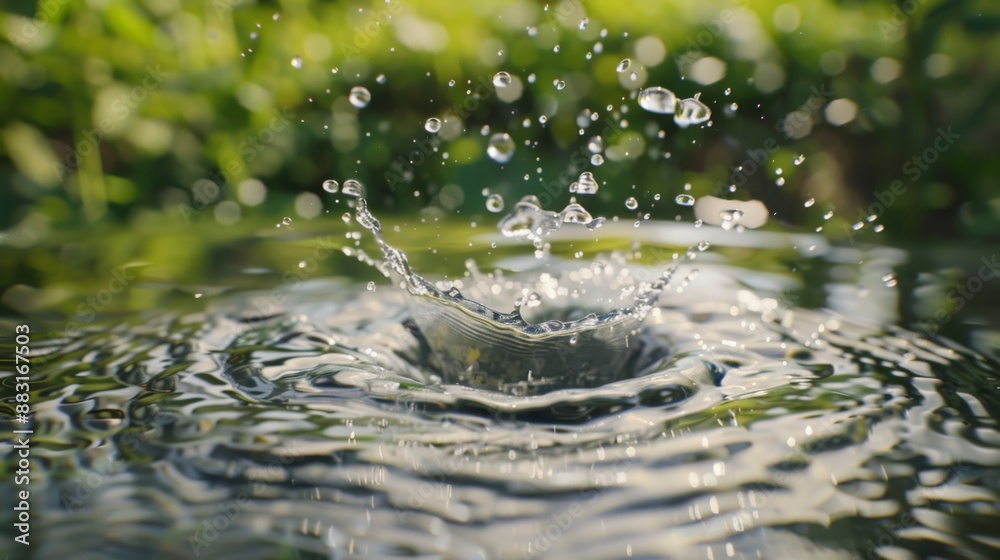 Leinwandbilder close-up of a water droplet splashing into a crystal-clear pond, creating ripples on the surface.
