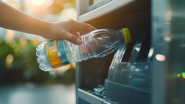 A hand put empty plastic bottle in the machine, Reverse vending machine for refund and recycling metal, Recycling machine that dispenses cash, Recycling concept	