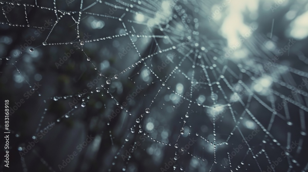 Poster Close-up of water droplets on a spider's web in a misty forest, with intricate patterns and reflections.