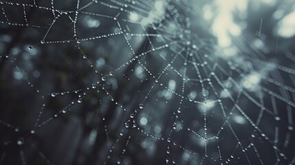 Close-up of water droplets on a spider's web in a misty forest, with intricate patterns and reflections.