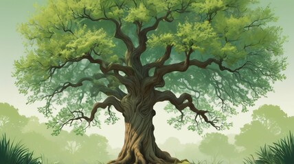 illustration large old oak tree with lot of branch and moss