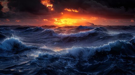 Fototapeta premium sunset over a stormy ocean, with dark clouds and rain on the horizon, and the sun casting a golden light on the waves