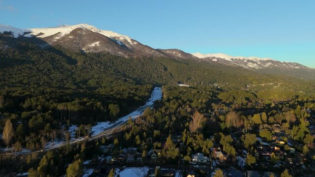 Cerro Bayo from a drone aerial view on a sunny day in the seven lakes region of Patagonia in Argentina- Villa la Angostura	