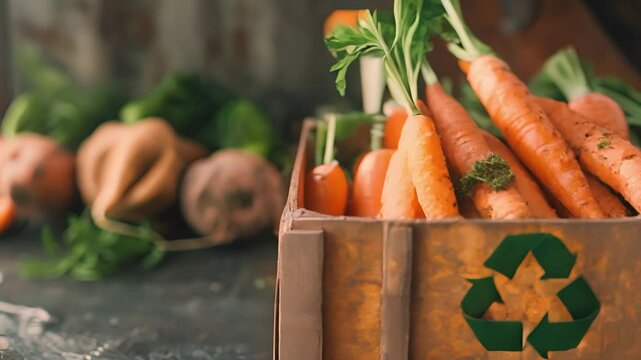 Fresh carrots with a green recycle symbol imprinted on box, representing eco-friendly and sustainable food choices in line with the zero waste	