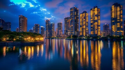 Fototapeta premium Evening view of illuminated high-rise buildings along a river, reflecting their lights on the water's surface.