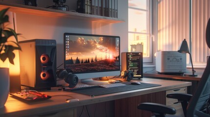 Modern Home Office Desk with Sunset Desktop Background.