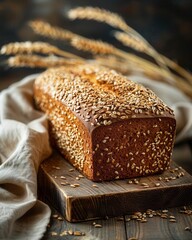 Whole grain bread loaf with seeds on wooden board beige cloth wheat stalks behind rustic artisanal vibe warm lighting