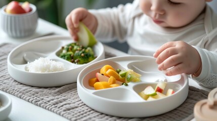 Toddler Eating Fruit, Rice, and Vegetables