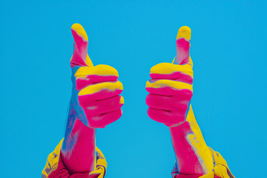 
A pair of pink and yellow hands in a thumbs up pose against a solid blue background with a neon light effect and simple, symmetrical composition in a minimalist style